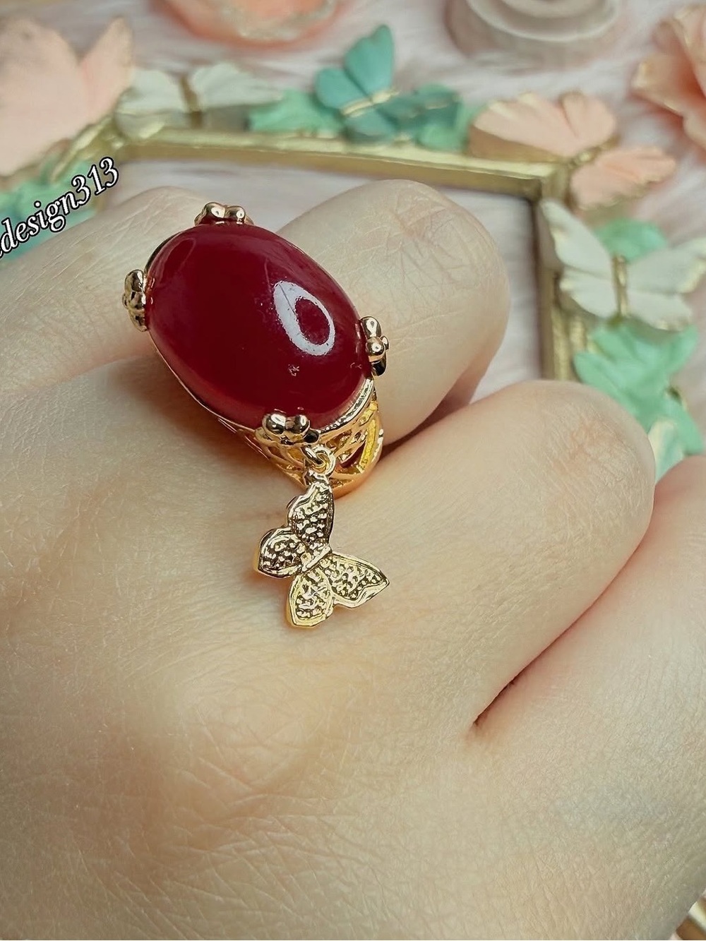 Red coral ring gold plated brass